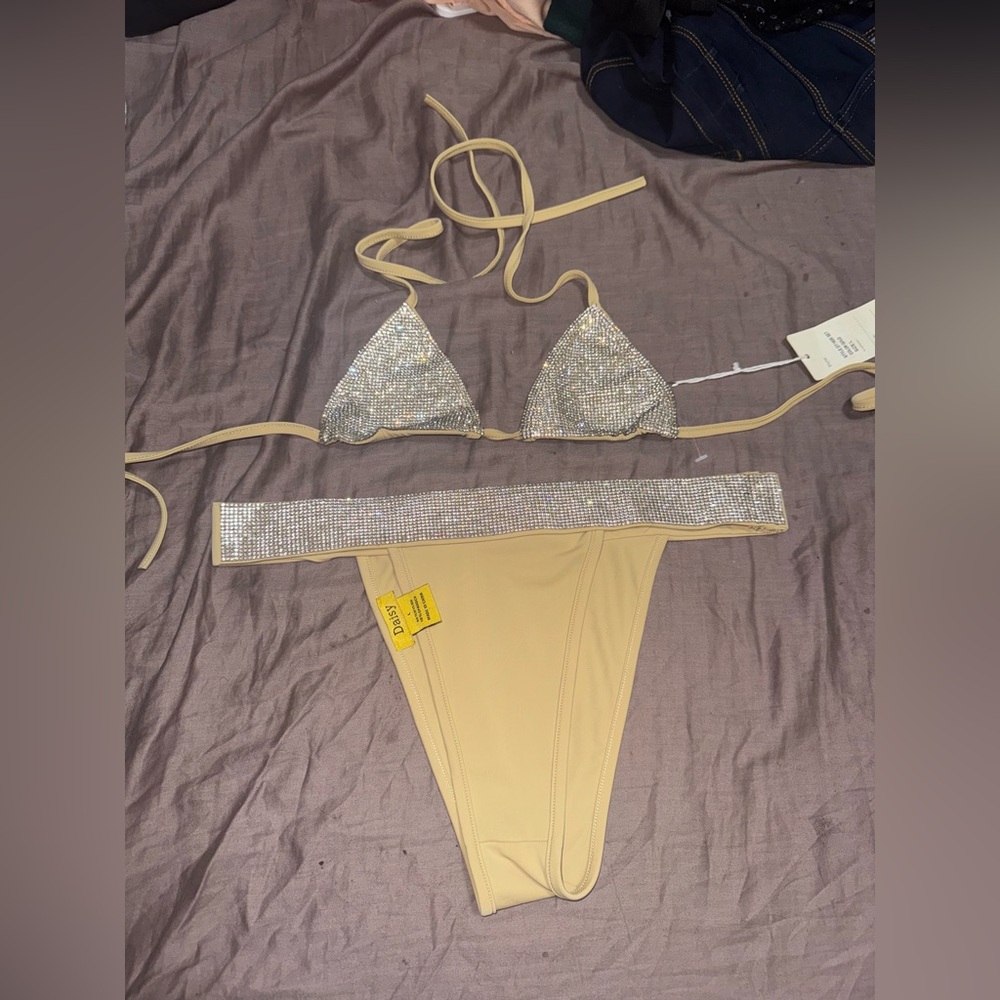 Silver Sequin Triangle Bikini Top and bottom